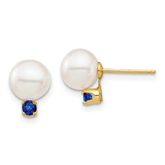 14K Yellow Gold 7-7.5mm White Round FWC Pearl Sapphire Post Earrings