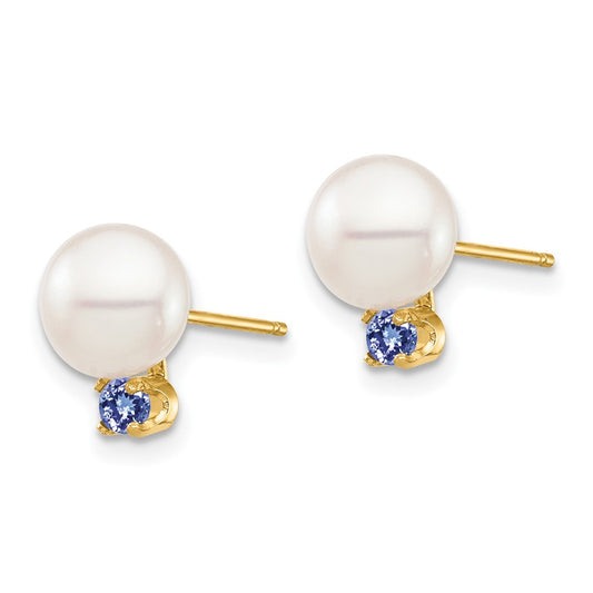 14K Yellow Gold 7-7.5mm White Round FWC Pearl Tanzanite Post Earrings