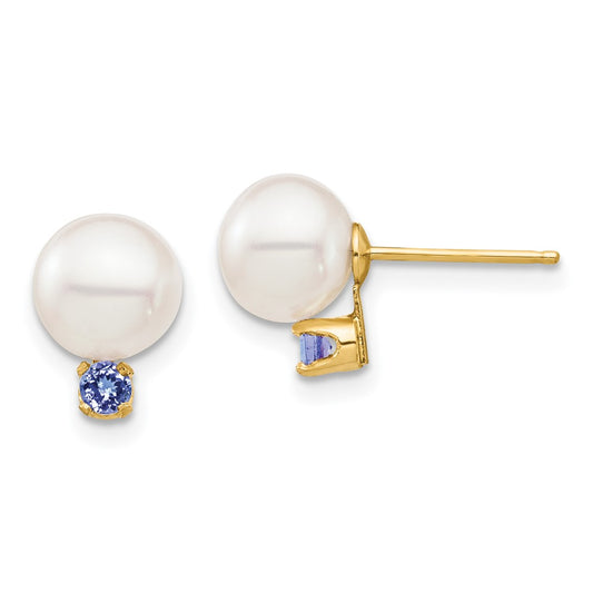 14K Yellow Gold 7-7.5mm White Round FWC Pearl Tanzanite Post Earrings