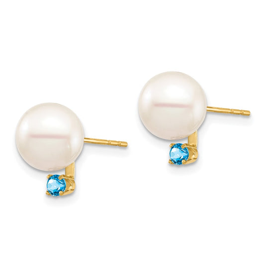 14K Yellow Gold 8-8.5mm White Round FWC Pearl Swiss Blue Topaz Post Earrings