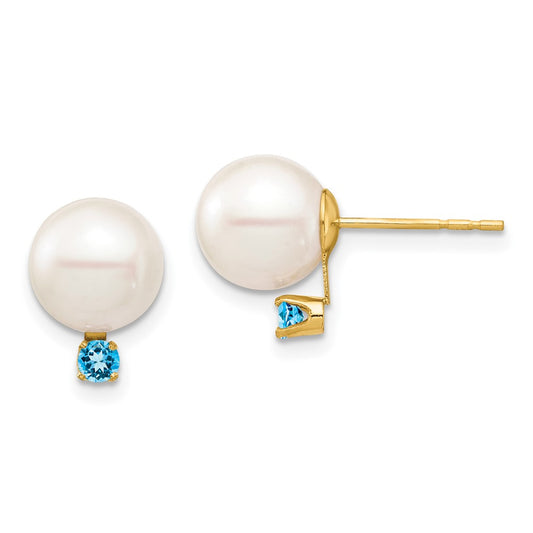 14K Yellow Gold 8-8.5mm White Round FWC Pearl Swiss Blue Topaz Post Earrings