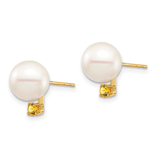 14K Yellow Gold 8-8.5mm White Round FWC Pearl Citrine Post Earrings