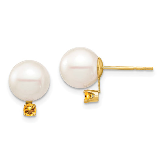 14K Yellow Gold 8-8.5mm White Round FWC Pearl Citrine Post Earrings