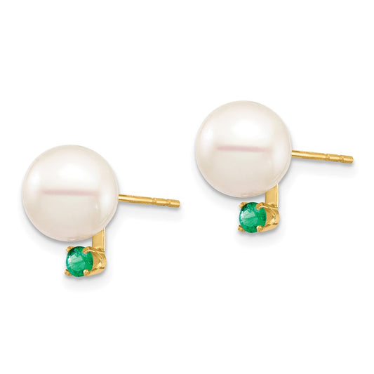 14K Yellow Gold 8-8.5mm White Round FWC Pearl Emerald Post Earrings