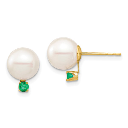 14K Yellow Gold 8-8.5mm White Round FWC Pearl Emerald Post Earrings