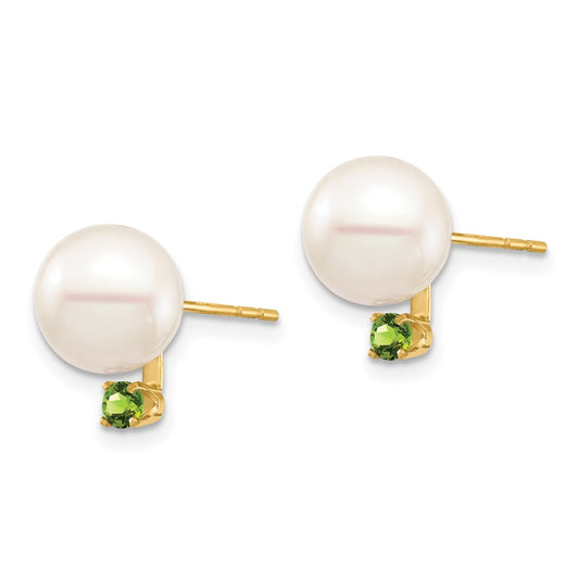 14K Yellow Gold 8-8.5mm White Round FWC Pearl Peridot Post Earrings