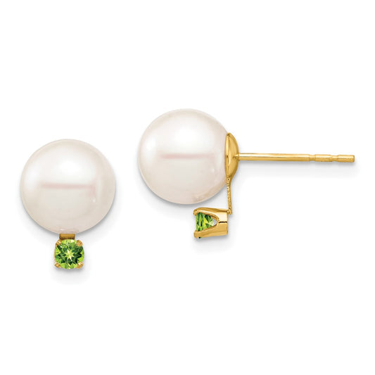 14K Yellow Gold 8-8.5mm White Round FWC Pearl Peridot Post Earrings