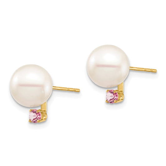 14K Yellow Gold 8-8.5mm White Round FWC Pearl Pink Topaz Post Earrings