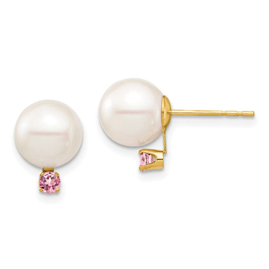 14K Yellow Gold 8-8.5mm White Round FWC Pearl Pink Topaz Post Earrings