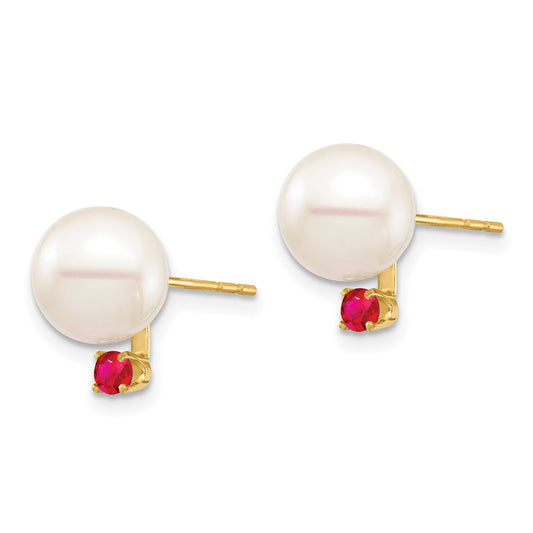 14K Yellow Gold 8-8.5mm White Round FWC Pearl Ruby Post Earrings