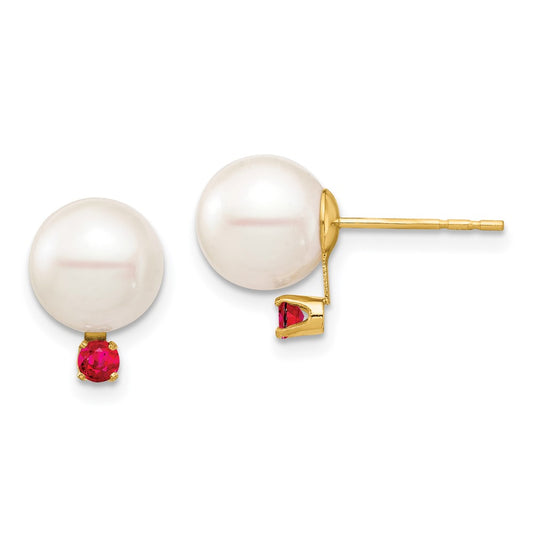 14K Yellow Gold 8-8.5mm White Round FWC Pearl Ruby Post Earrings