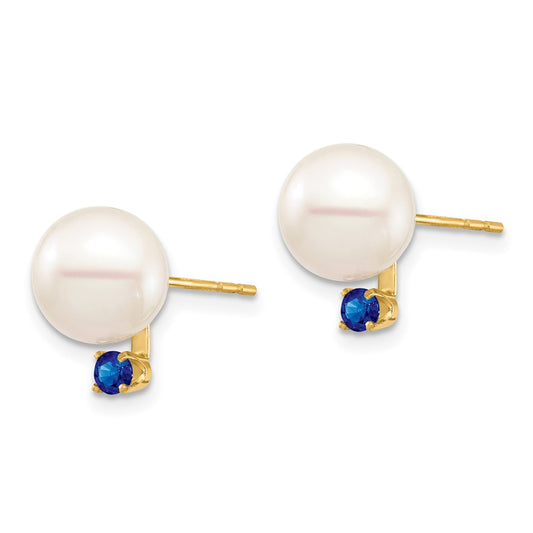 14K Yellow Gold 8-8.5mm White Round FWC Pearl Sapphire Post Earrings