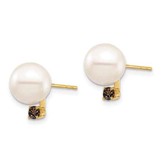 14K Yellow Gold 8-8.5mm White Round FWC Pearl Smokey Quartz Post Earrings