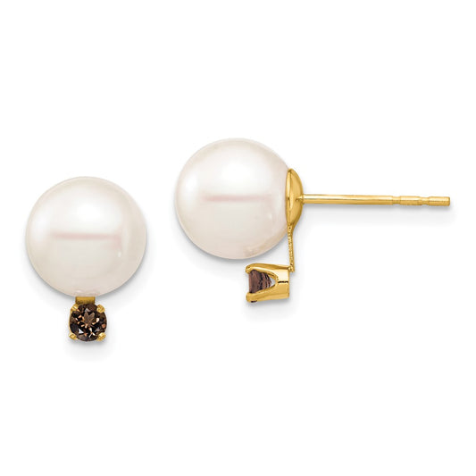 14K Yellow Gold 8-8.5mm White Round FWC Pearl Smokey Quartz Post Earrings