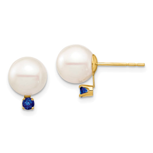 14K Yellow Gold 8-8.5mm White Round FWC Pearl Sapphire Post Earrings