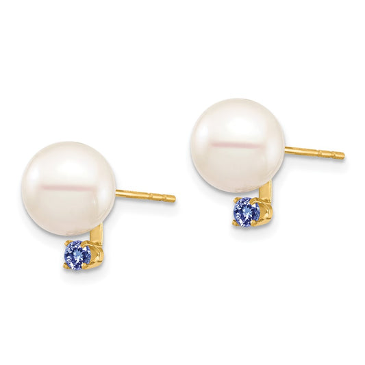 14K Yellow Gold 8-8.5mm White Round FWC Pearl Tanzanite Post Earrings