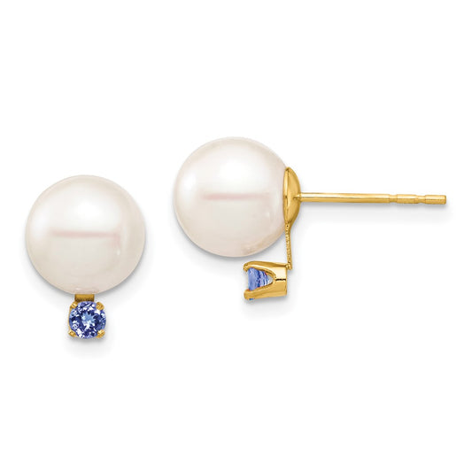 14K Yellow Gold 8-8.5mm White Round FWC Pearl Tanzanite Post Earrings