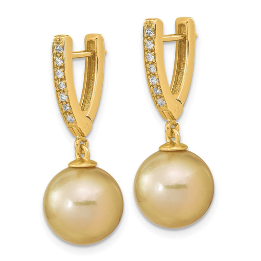 14K Yellow Gold 10-11mm Round Golden Saltwater South Sea Pearl .105ct. Diamond Dangle Earr