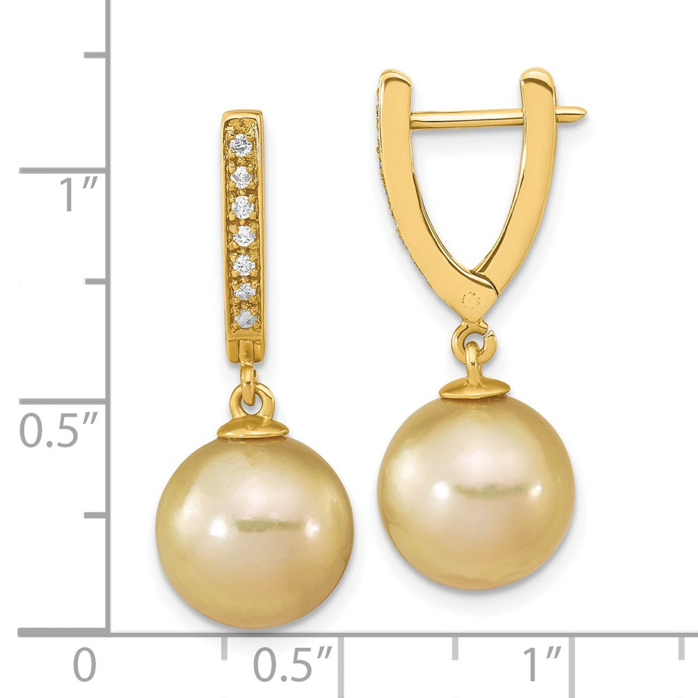 14K Yellow Gold 10-11mm Round Golden Saltwater South Sea Pearl .105ct. Diamond Dangle Earr