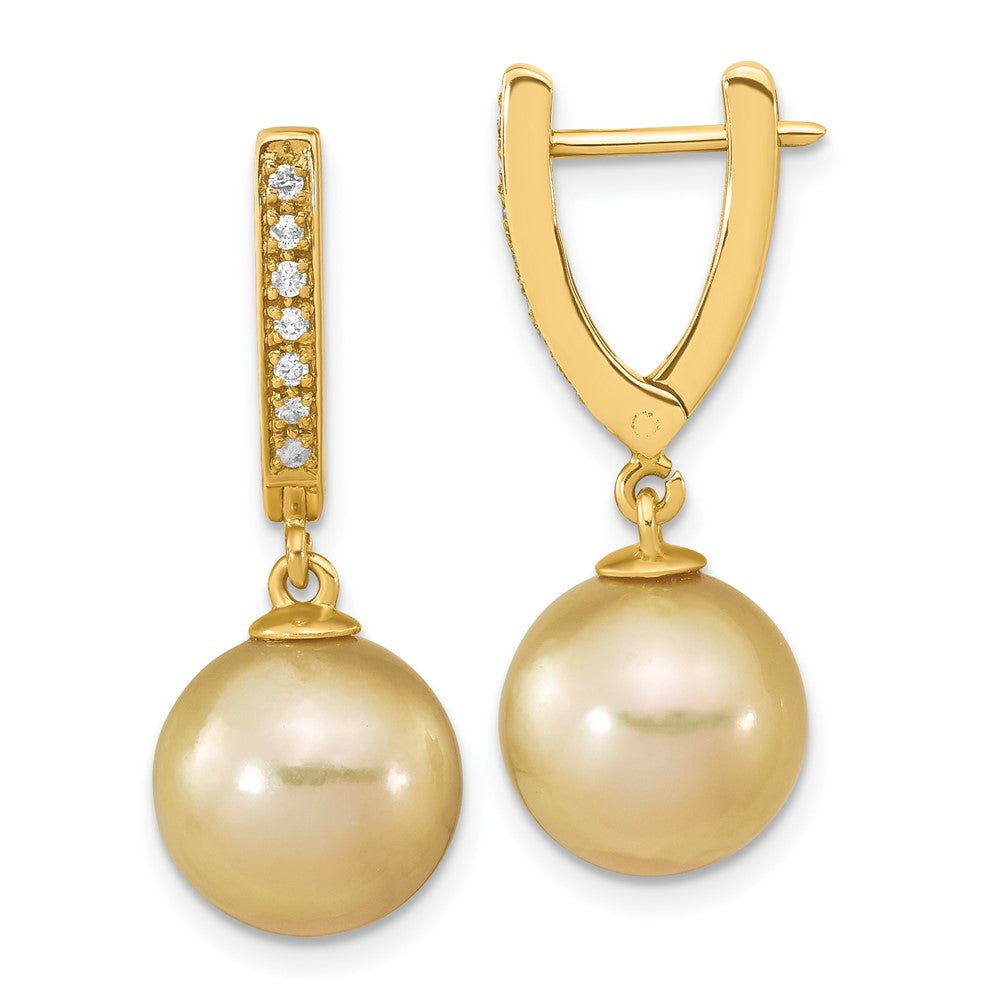 14K Yellow Gold 10-11mm Round Golden Saltwater South Sea Pearl .105ct. Diamond Dangle Earr