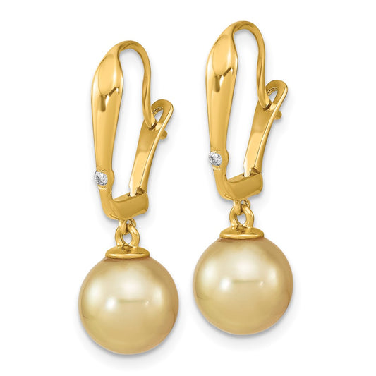 14K Yellow Gold 9-10mm Round Golden Saltwater South Sea Pearl .02ct Diamond Earrings