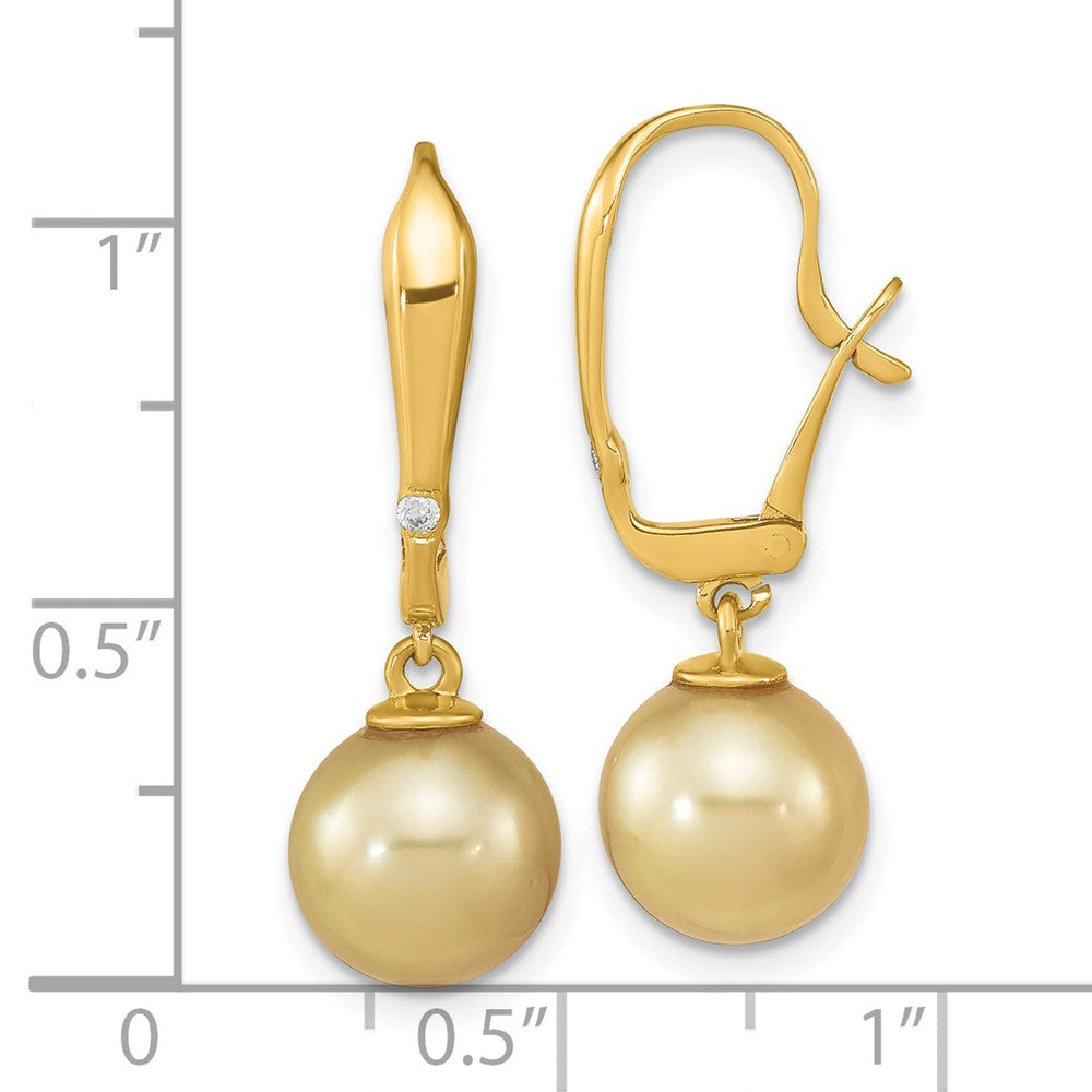 14K Yellow Gold 9-10mm Round Golden Saltwater South Sea Pearl .02ct Diamond Earrings