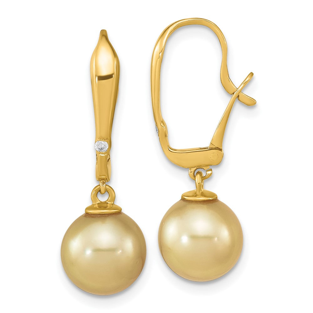 14K Yellow Gold 9-10mm Round Golden Saltwater South Sea Pearl .02ct Diamond Earrings