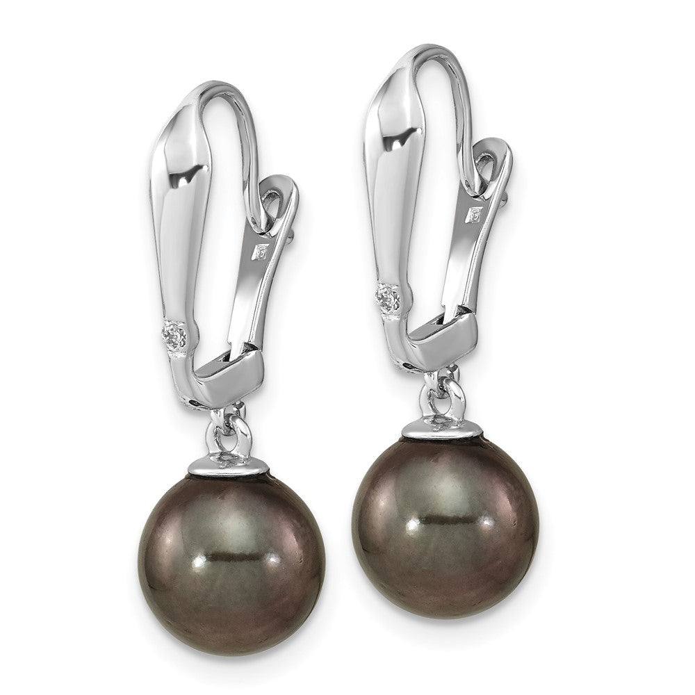 14K White Gold 9-10mm Round Black Saltwater Tahitian Pearl .02ct Diamond Dangle Earrin