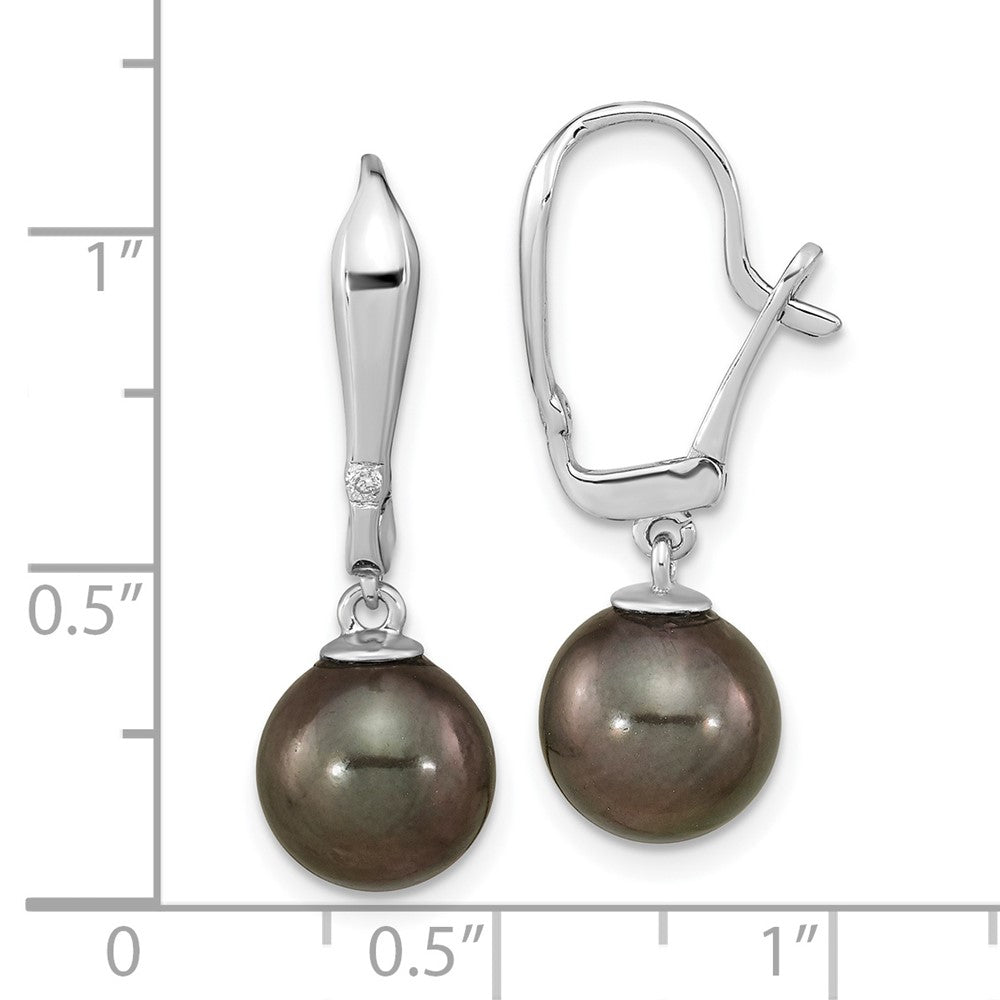 14K White Gold 9-10mm Round Black Saltwater Tahitian Pearl .02ct Diamond Dangle Earrin