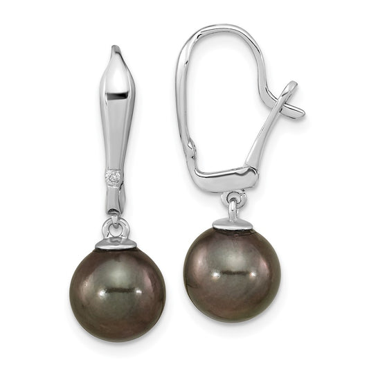 14K White Gold 9-10mm Round Black Saltwater Tahitian Pearl .02ct Diamond Dangle Earrin