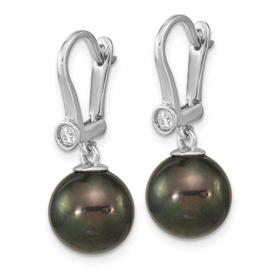 14K White Gold 9-10mm Round Black Saltwater Tahitian Pearl .10ct Diamond Dang