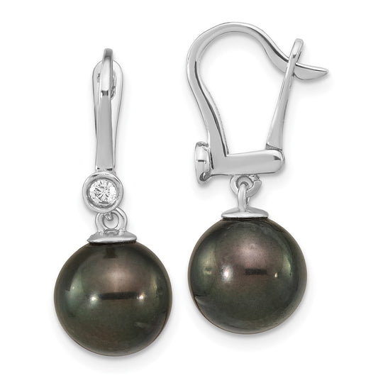 14K White Gold 9-10mm Round Black Saltwater Tahitian Pearl .10ct Diamond Dang