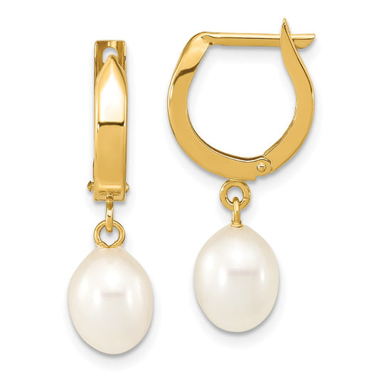 14K Yellow Gold 6-7mm Rice White FWC Pearl Hoop Dangle Earrings