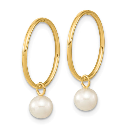 14K Yellow Gold 5-6mm Round White FWC Pearl Hoop Earrings