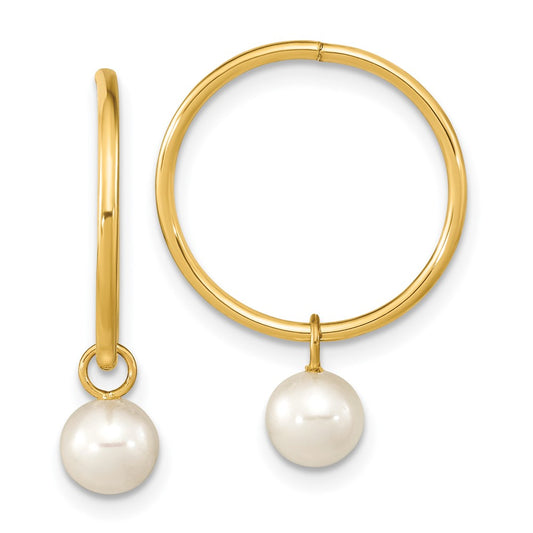 14K Yellow Gold 5-6mm Round White FWC Pearl Hoop Earrings