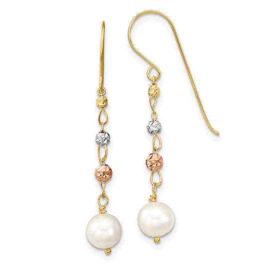 14K Two-Tone Gold Diamond-cut FWC Pearls Dangle Earrings