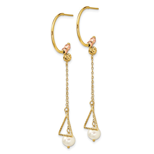 14K Yellow Gold Two-tone Half Circle Diamond-cut 6mm FWC Pearl Dangle Earrings