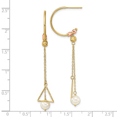 14K Yellow Gold Two-tone Half Circle Diamond-cut 6mm FWC Pearl Dangle Earrings