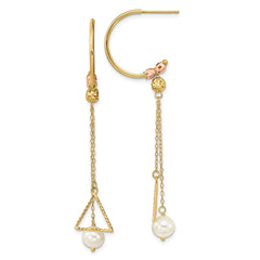 14K Yellow Gold Two-tone Half Circle Diamond-cut 6mm FWC Pearl Dangle Earrings