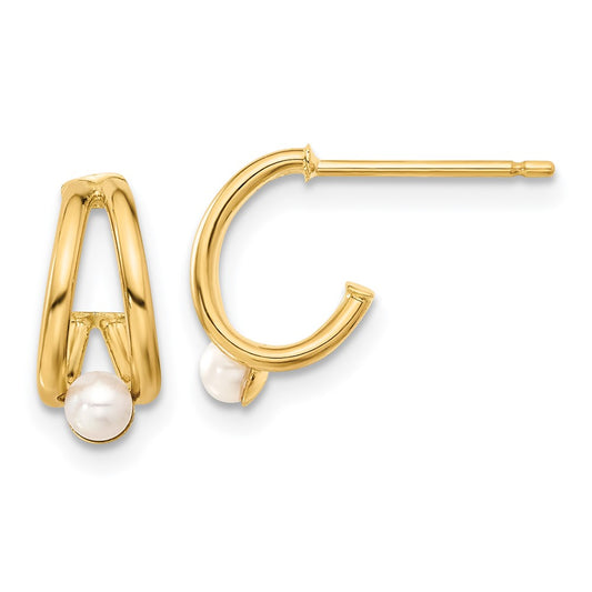14K Yellow Gold Polished FWC Pearl J-Hoop Earrings