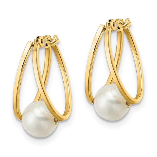 14K Yellow Gold Polished FWC Pearl Hoop Earrings