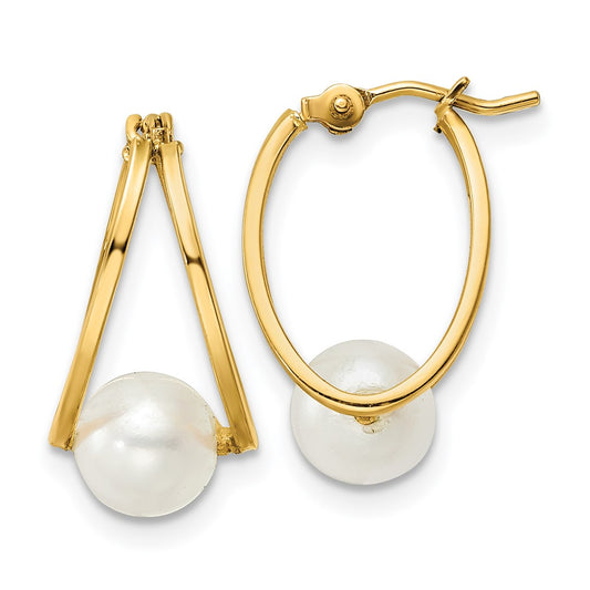 14K Yellow Gold Polished FWC Pearl Hoop Earrings