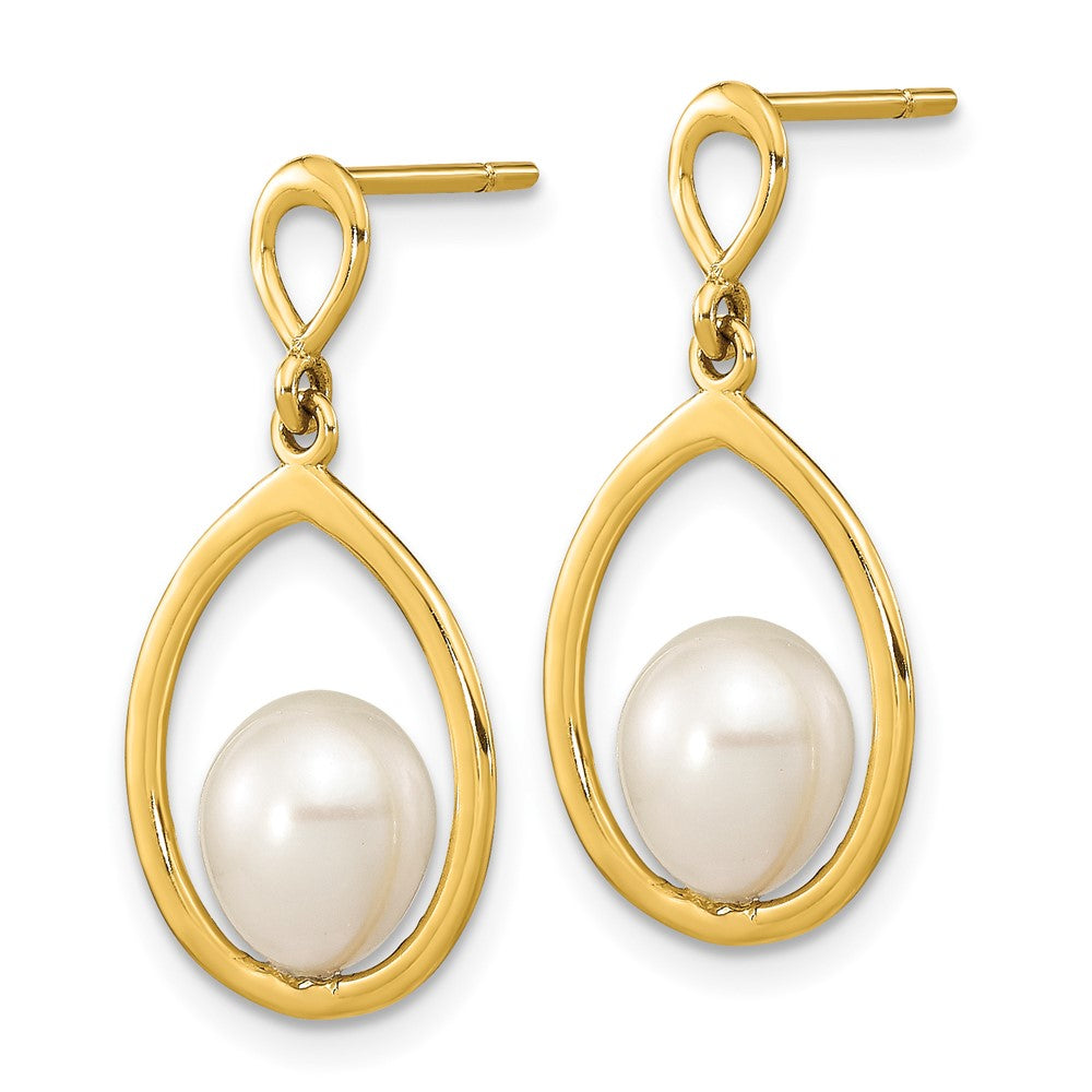 14K Yellow Gold 6-7mm Teardrop White FWC Pearl Dangle Earrings