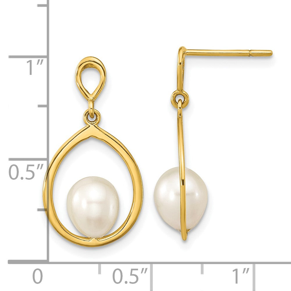 14K Yellow Gold 6-7mm Teardrop White FWC Pearl Dangle Earrings