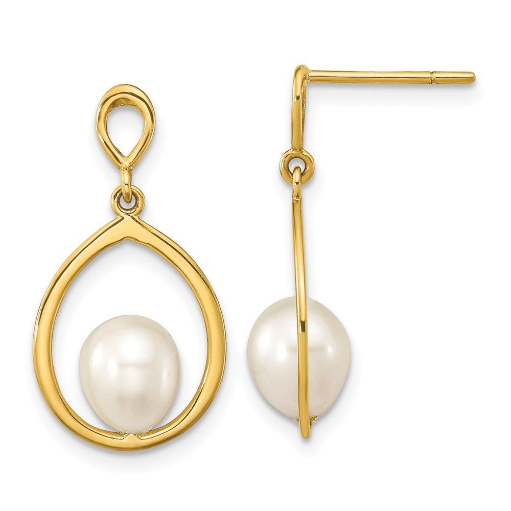 14K Yellow Gold 6-7mm Teardrop White FWC Pearl Dangle Earrings