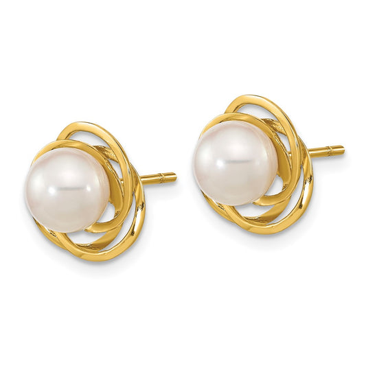 14K Yellow Gold 6-7mm Round White Saltwater Akoya Pearl Post Earrings