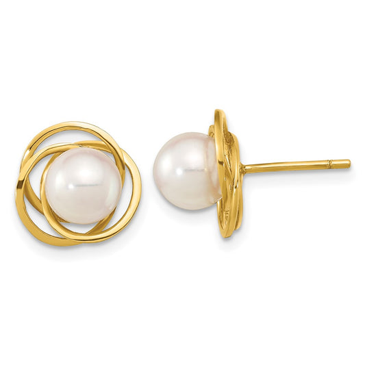 14K Yellow Gold 6-7mm Round White Saltwater Akoya Pearl Post Earrings