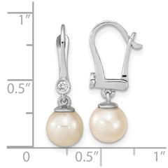 14K White Gold 7-8mm Round White Saltwater Akoya Pearl .05ct Diamond Dangle Ea