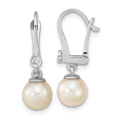 14K White Gold 7-8mm Round White Saltwater Akoya Pearl .05ct Diamond Dangle Ea