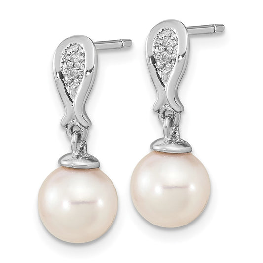 14K White Gold 7-8mm Round White Saltwater Akoya Pearl .03ct Diamond Dangle Earrings